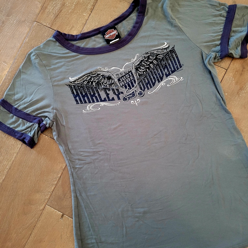 Harley-Davidson Womens Olive Green And Navy T-Shirt